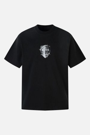 Concert Outfit Heavy Cotton Washed Cross Shield Print T-Shirt