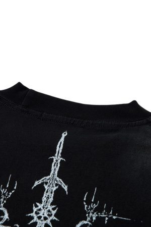 Concert Outfit Heavy Cotton Washed Cross Shield Print T-Shirt