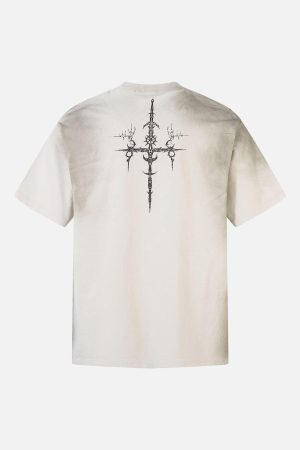 Concert Outfit Heavy Cotton Washed Cross Shield Print T-Shirt