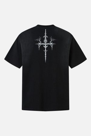 Concert Outfit Heavy Cotton Washed Cross Shield Print T-Shirt
