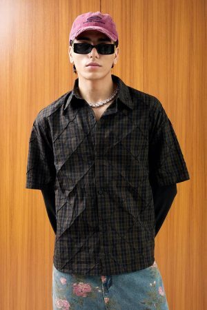 Concert Outfit Heavy Plaid Pleated Striped Faux Two-Piece Polo Shirt