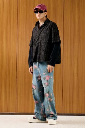 Concert Outfit Heavy Plaid Pleated Striped Faux Two-Piece Polo Shirt