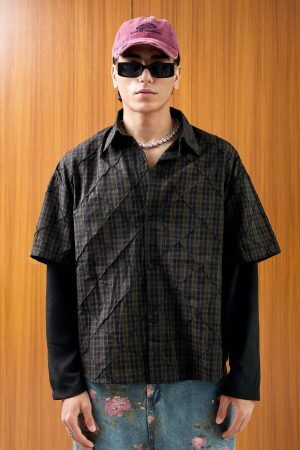 Concert Outfit Heavy Plaid Pleated Striped Faux Two-Piece Polo Shirt