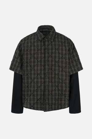 Concert Outfit Heavy Plaid Pleated Striped Faux Two-Piece Polo Shirt