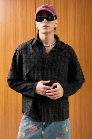 Concert Outfit Heavy Plaid Pleated Striped Faux Two-Piece Polo Shirt