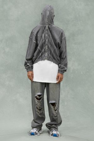 Concert Outfit Heavy Washed Distressed Full Zip Hoodie