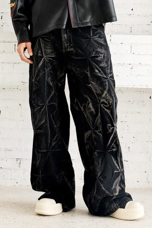 Concert Outfit Heavy Washed Distressed Pleated Baggy Jeans