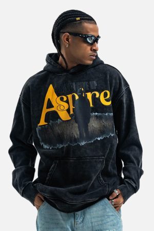 Concert Outfit Heavy Washed Letter Portrait Print Fleece Hoodie