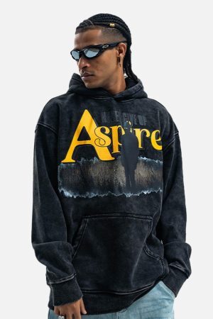 Concert Outfit Heavy Washed Letter Portrait Print Fleece Hoodie