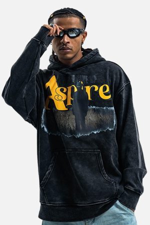 Concert Outfit Heavy Washed Letter Portrait Print Fleece Hoodie