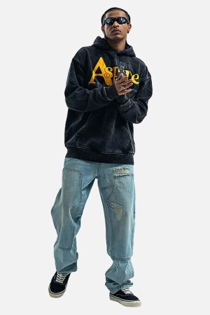 Concert Outfit Heavy Washed Letter Portrait Print Fleece Hoodie