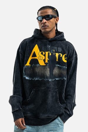 Concert Outfit Heavy Washed Letter Portrait Print Fleece Hoodie