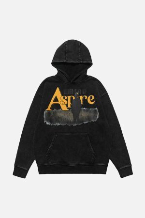 Concert Outfit Heavy Washed Letter Portrait Print Fleece Hoodie