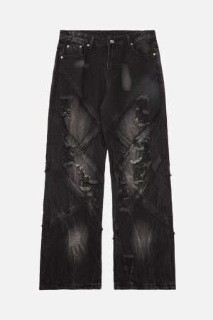 Concert Outfit Heavy Washed Ripped Plaid Stitching Hip-Hop Jeans