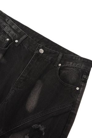 Concert Outfit Heavy Washed Ripped Plaid Stitching Hip-Hop Jeans