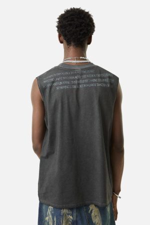 Concert Outfit Heavy Worker Washed And Broken Retro Font Vest