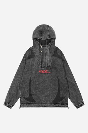 Concert Outfit High-Neck Hooded Wash Denim Jacket