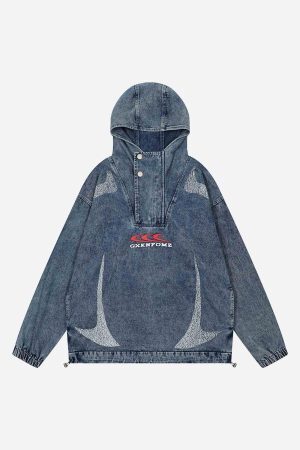 Concert Outfit High-Neck Hooded Wash Denim Jacket