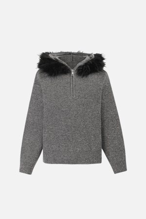 Concert Outfit High Street Detachable Fur Collar Half-Zipped Sweater