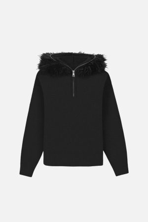 Concert Outfit High Street Detachable Fur Collar Half-Zipped Sweater