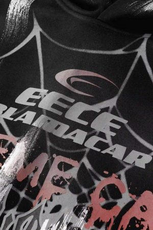 Concert Outfit High Street Hip Hop Spider Web Print Hoodie