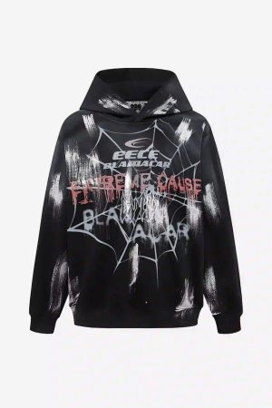 Concert Outfit High Street Hip Hop Spider Web Print Hoodie