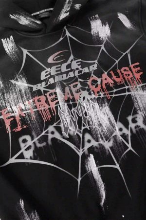Concert Outfit High Street Hip Hop Spider Web Print Hoodie