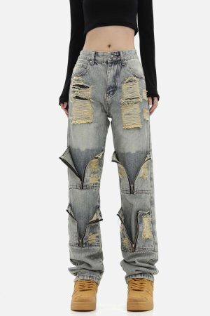 Concert Outfit High Street Washed And Torn Work Pockets Denim Pants
