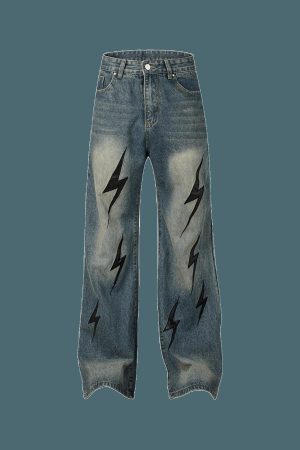Concert Outfit High Street Washed Distressed Lightning Patch Jeans