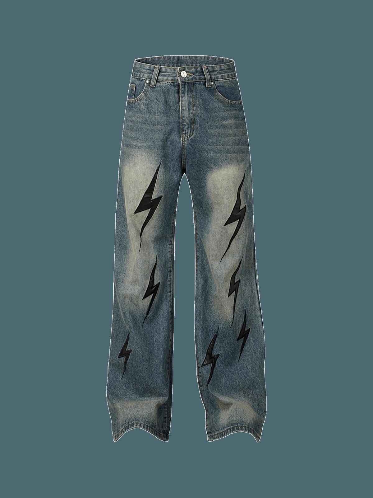 Concert Outfit High Street Washed Distressed Lightning Patch Jeans Concert Outfit High Street Washed Distressed Lightning Patch Jeans