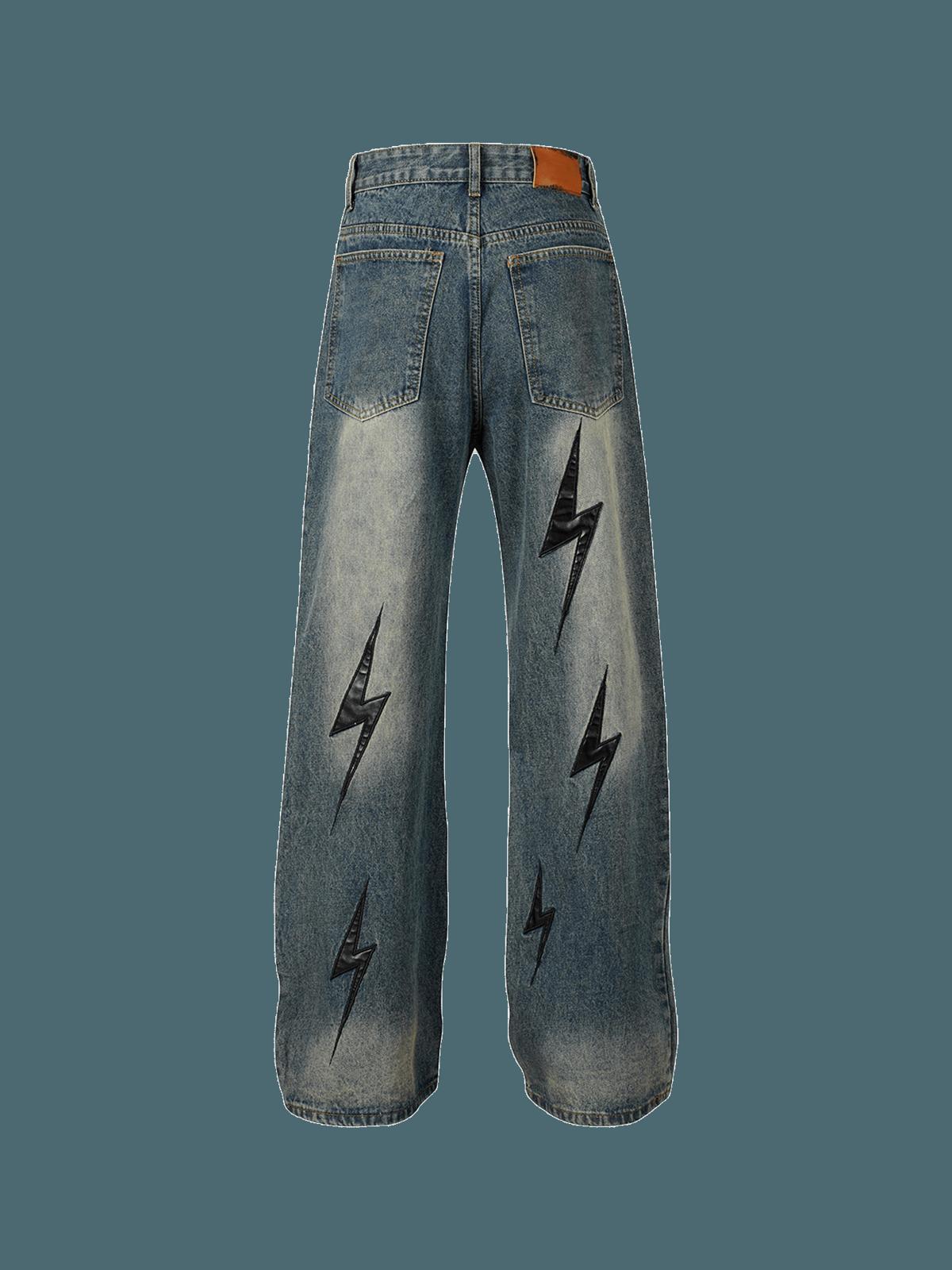 Concert Outfit High Street Washed Distressed Lightning Patch Jeans Concert Outfit High Street Washed Distressed Lightning Patch Jeans