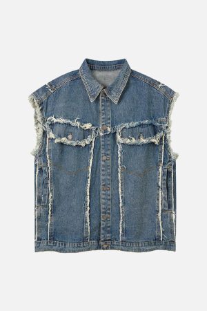 Concert Outfit High Street Washed Raw Edge Denim Vest