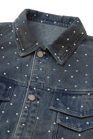Concert Outfit Hip-Hop Beaded Washed Denim Jacket