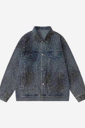 Concert Outfit Hip-Hop Beaded Washed Denim Jacket