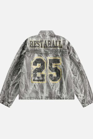Concert Outfit Hip-Hop Distressed Washed Printed Denim Jacket