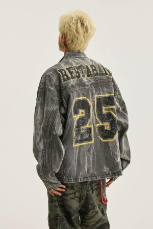 Concert Outfit Hip-Hop Distressed Washed Printed Denim Jacket