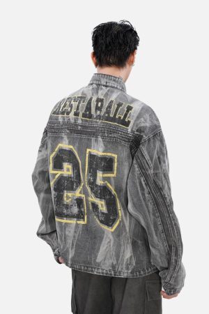 Concert Outfit Hip-Hop Distressed Washed Printed Denim Jacket