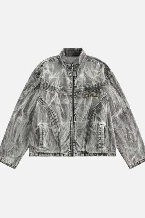 Concert Outfit Hip-Hop Distressed Washed Printed Denim Jacket