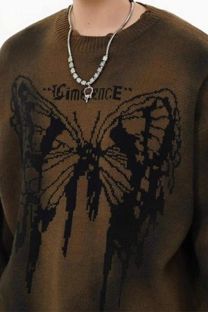 Concert Outfit Hip-Hop Lazy Style Butterfly Jacquard Ripped Sweater