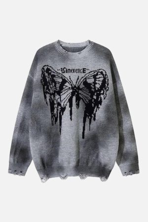 Concert Outfit Hip-Hop Lazy Style Butterfly Jacquard Ripped Sweater