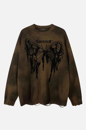 Concert Outfit Hip-Hop Lazy Style Butterfly Jacquard Ripped Sweater