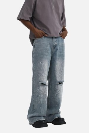 Concert Outfit Hip-Hop Shining Cross Hot Diamond Distressed Washed  Baggy Jeans