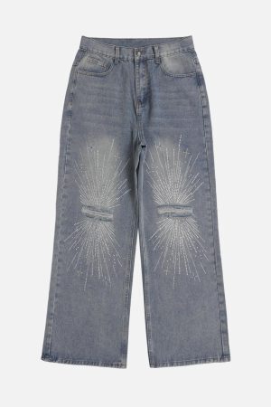 Concert Outfit Hip-Hop Shining Cross Hot Diamond Distressed Washed  Baggy Jeans