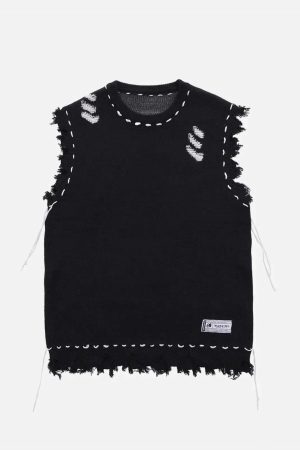 Concert Outfit Hole Raw Edge Sweater Vest