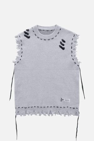 Concert Outfit Hole Raw Edge Sweater Vest