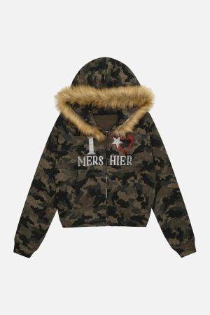 Concert Outfit Hotfix Rhinestones Camouflage Fur Hooded Fleece Jacket