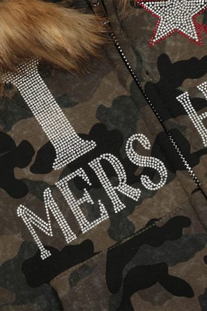 Concert Outfit Hotfix Rhinestones Camouflage Fur Hooded Fleece Jacket