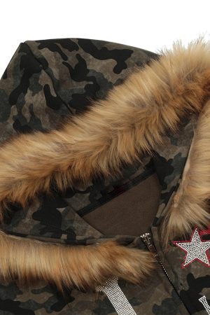 Concert Outfit Hotfix Rhinestones Camouflage Fur Hooded Fleece Jacket