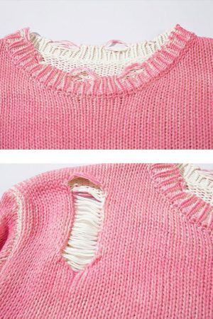 Concert Outfit Irregular Ripped Round Neck Sweater