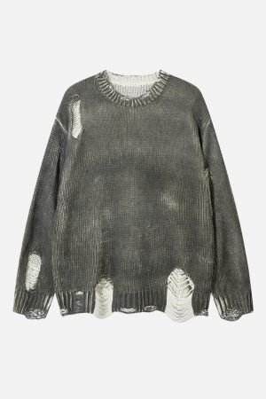 Concert Outfit Irregular Ripped Round Neck Sweater